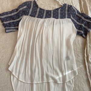 Emberley blouse, white shirt with blue sleeves (embroidered), medium.